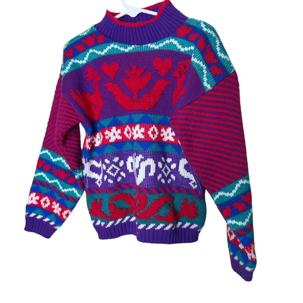 Vintage Go Nilly by AKM Kids Purple‎ Red Geometric Heart Knit Sweater Size 3 USA